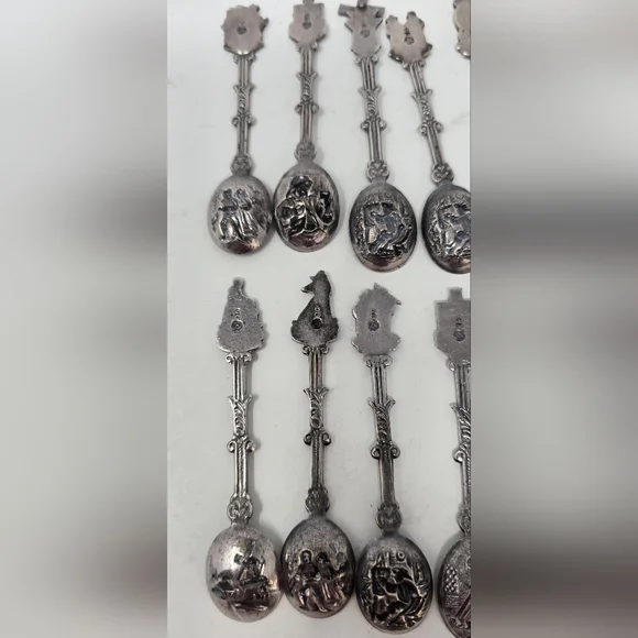 Vtg Holland Dutch demitasse mini spoons stamped novelty ornate figural set of 12 - Picture 8 of 10